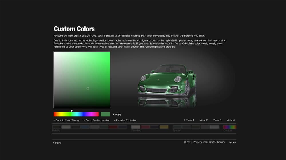 Users could also create a custom color for their Porsche, as a way to showcase Porsche’s custom color option.