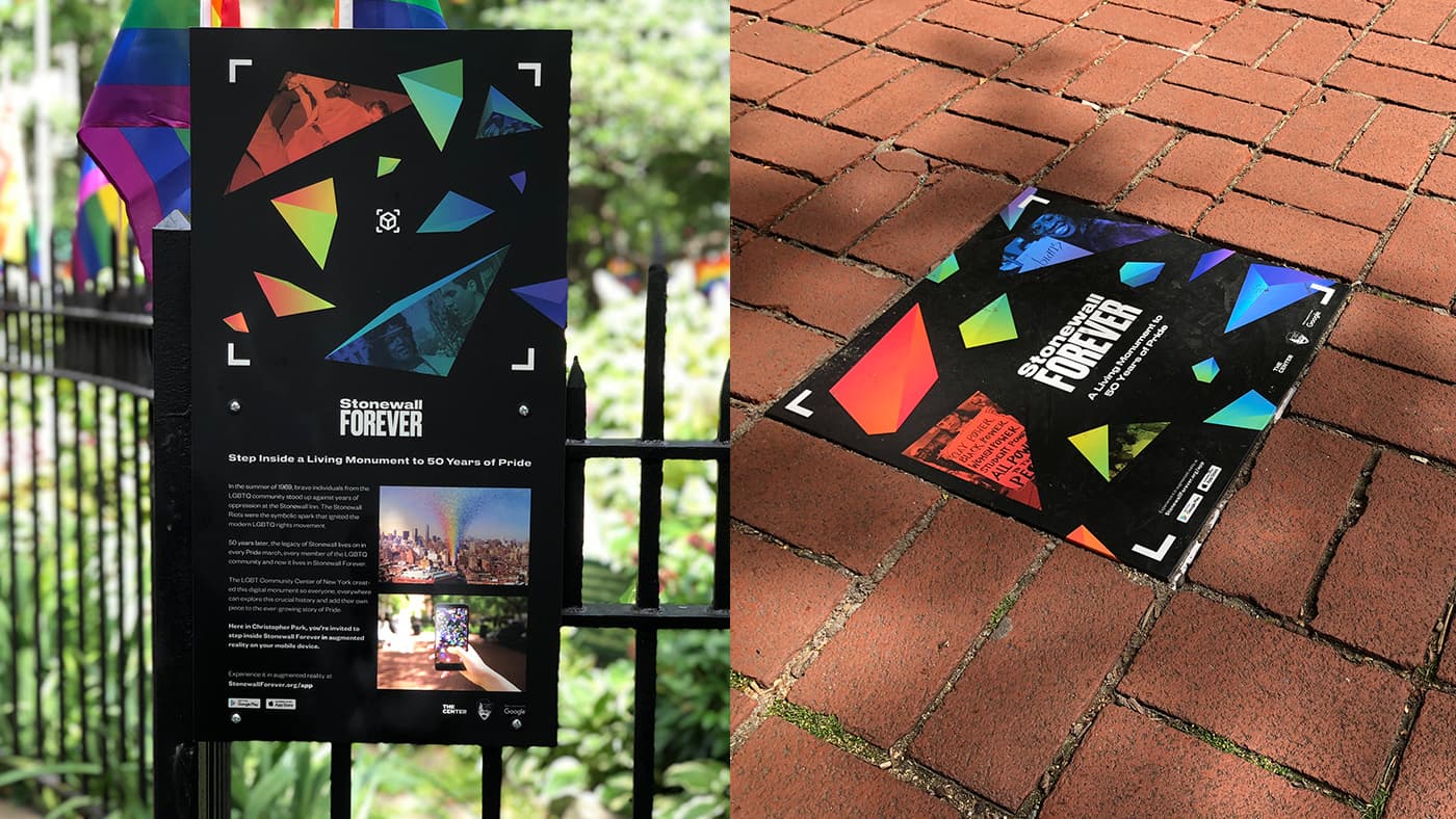 Signage was placed in the mark to let users know about the app, and serve as a physical marker for the AR tracking. Users could scan the markers at any of the 3 different entry points to the park, and the monument would be physically anchored to the center of the park for them to view and interact with in physical and virtual space.