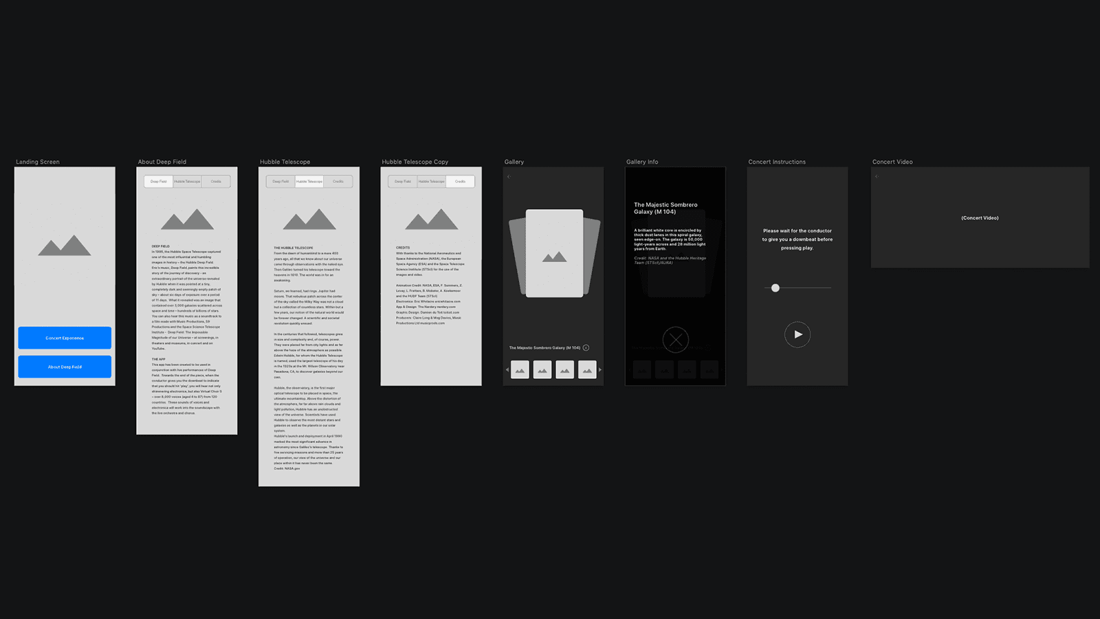 A preliminary audit of the app's user experience and information architecture was conducted to get the project started. I collaborated with the Music Productions to determine what was working in the existing app, and what new features were desired.
Once we had each use case worked out, wireframes were created for each screen needed.